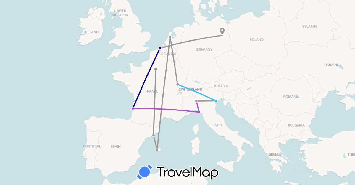TravelMap itinerary: driving, plane, train, boat in Belgium, Germany, Spain, France, Italy, Netherlands (Europe)